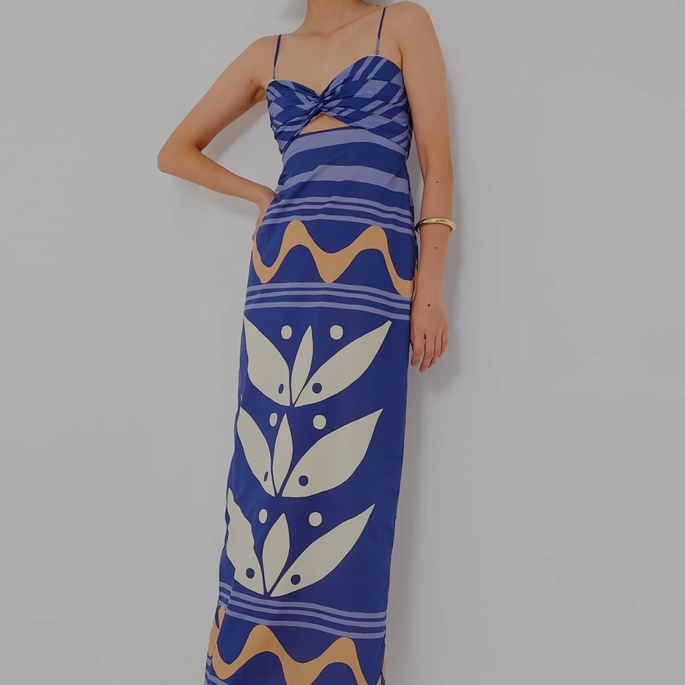 Blue and Cream Maxi Sundress with Spaghetti Straps for Resort Wear